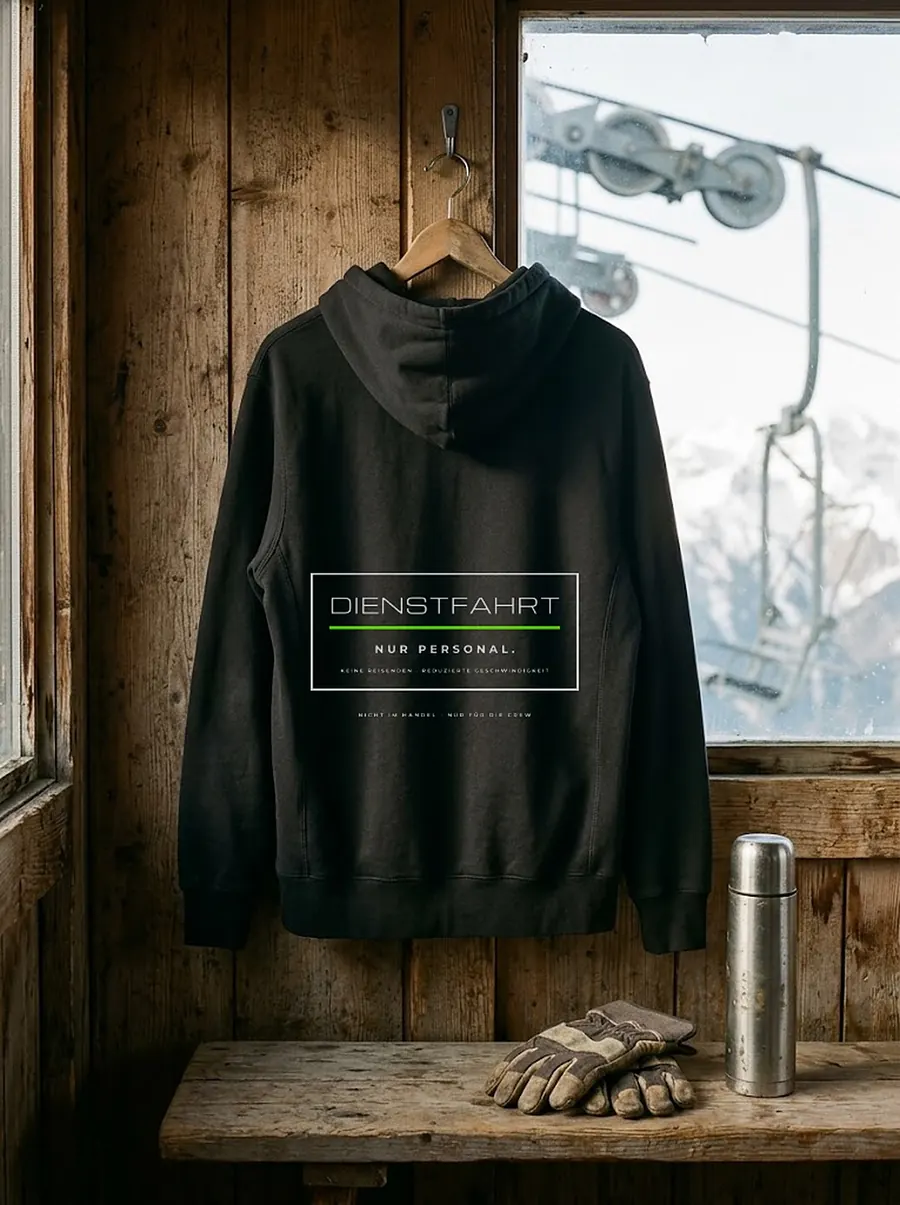 Hoodie DIENSTFAHRT hängt in einer Bergstation