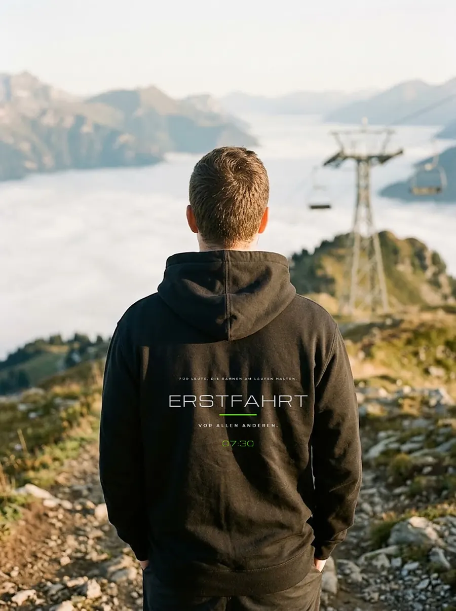 Hoodie ERSTFAHRT mit Rückendruck, getragen auf einem Grat über dem Nebelmeer