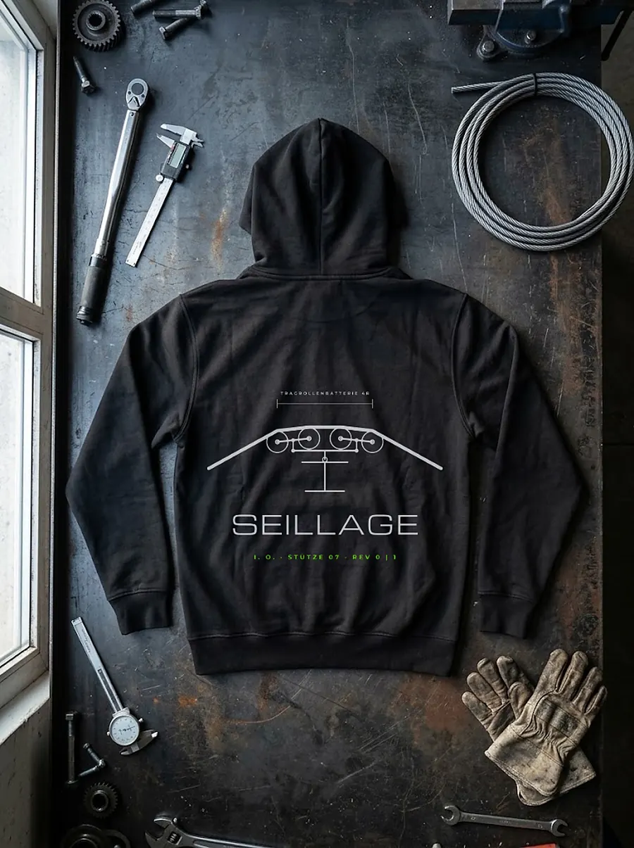Hoodie SEILLAGE auf dem Werkstattboden zwischen Werkzeug