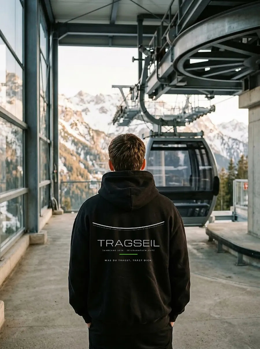 Hoodie TRAGSEIL, getragen in einer Talstation